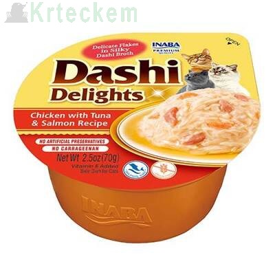 Inaba DASHI doplňkové krmivo pro kočky - vývar s příchutí kuřete, tuňáka a lososa 6x70 g 