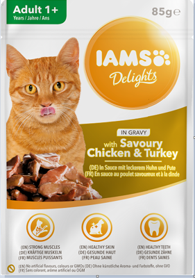 IAMS-Naturally krmivo pro dospělé kočky, s aromatickým kuřecím a krůtím masem v omáčce 85g